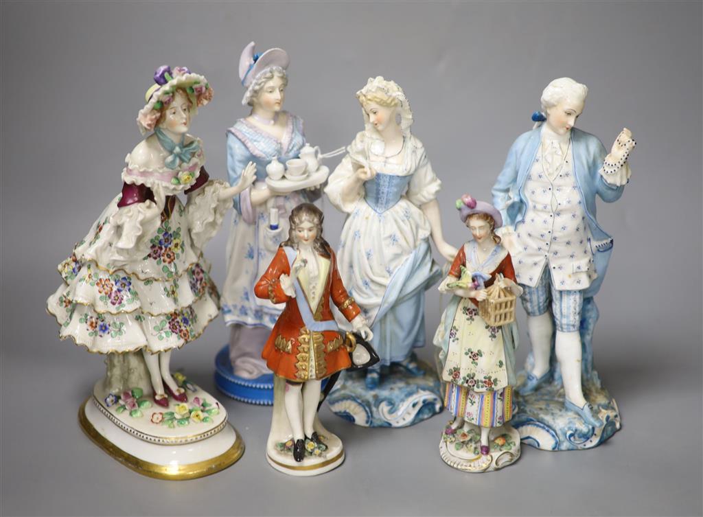 Six Continental porcelain figures, tallest 23cm